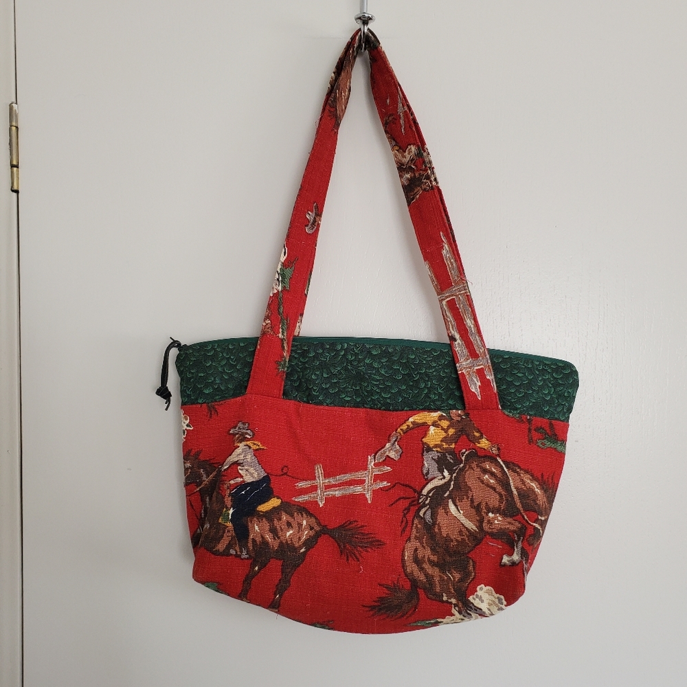 Handmade Tote Bag M Red And Green Horses Western Nature